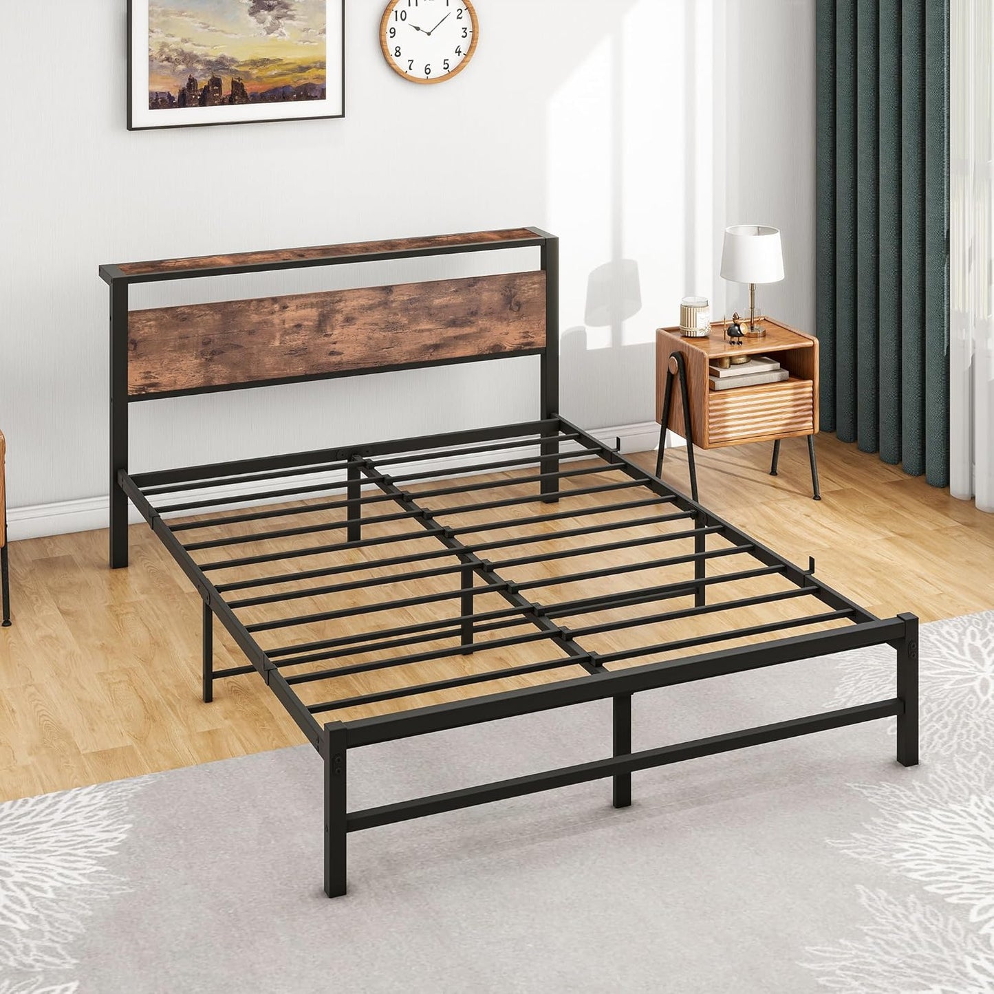 VERFARM Queen Bed Frame with Wood Storage Headboard, Metal Platform Bed Frame Queen Size No Box Spring Needed, Strong Slats Mattress Foundation, Non-Slip Noise Free, Easy Assembly