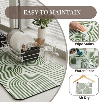MontVoo-Absorbent Dish Drying Mat-Kitchen Counter Rubber Backed Water Absorbing Drying Mat-Hide Stain Under Dish Mat Quick Dry Coffee Mat-Green Line 12''x19''