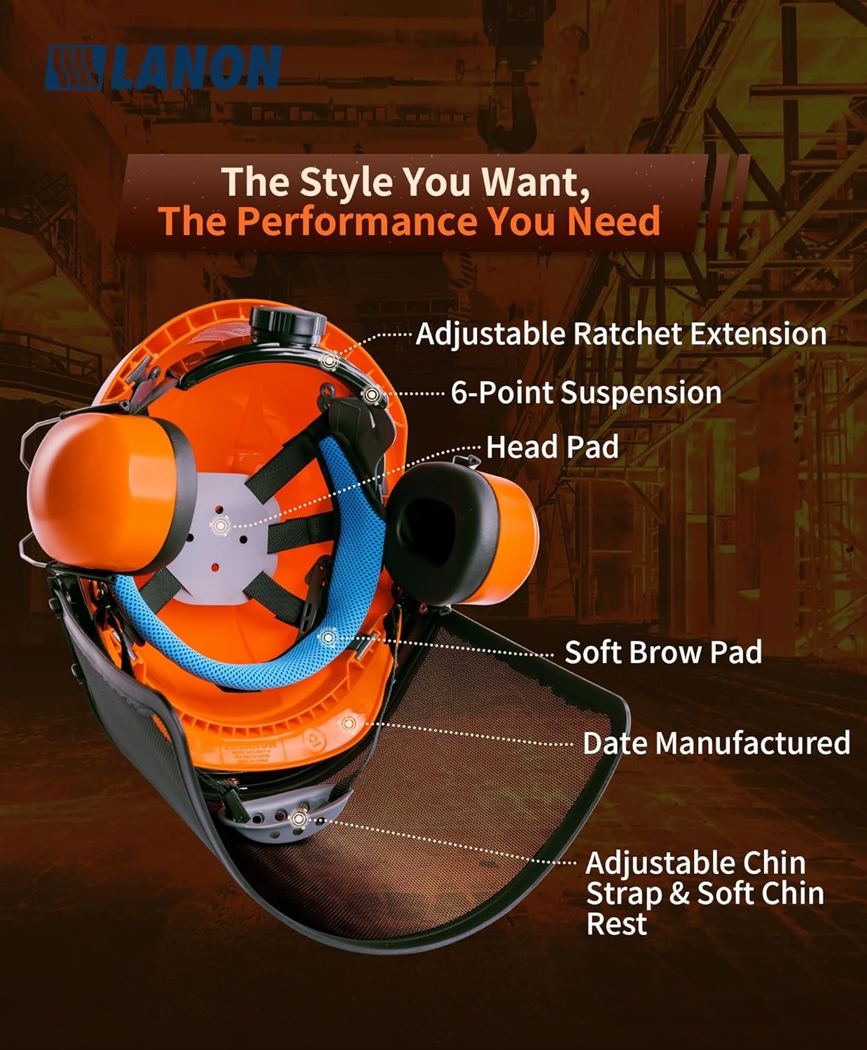 LANON Chainsaw Helmet Forestry Safety Helmet Protection System,ANSI Approved Hard Hats with Adjustable Ear Muffs & Face Shield Visor, 6 Point Adjustable Ratchet Suspension, Class C, Orange