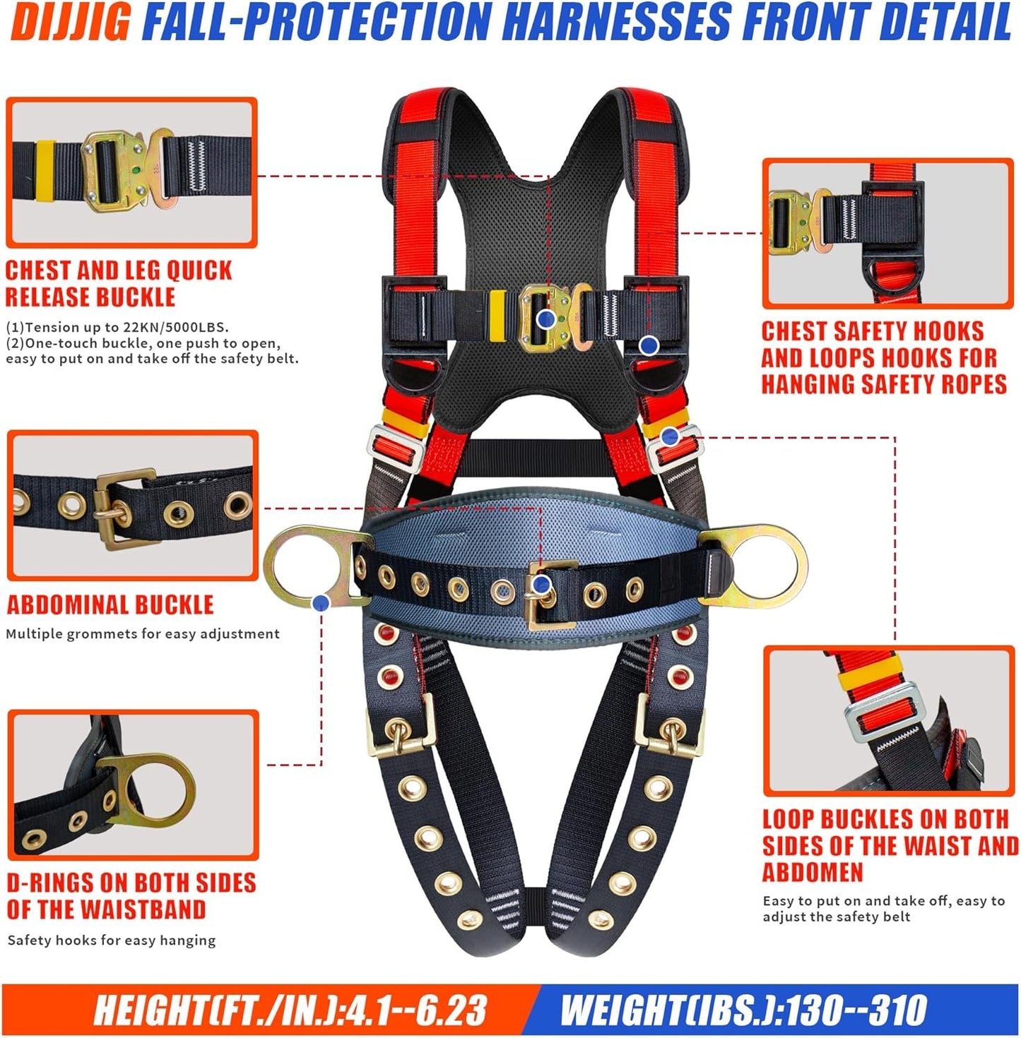 DIJJIG safety harness fall protection harness roofing harness construction harness fall protection safety harness lanyard arnes de seguridad para construccion OSHA/ANSI Compliant csa