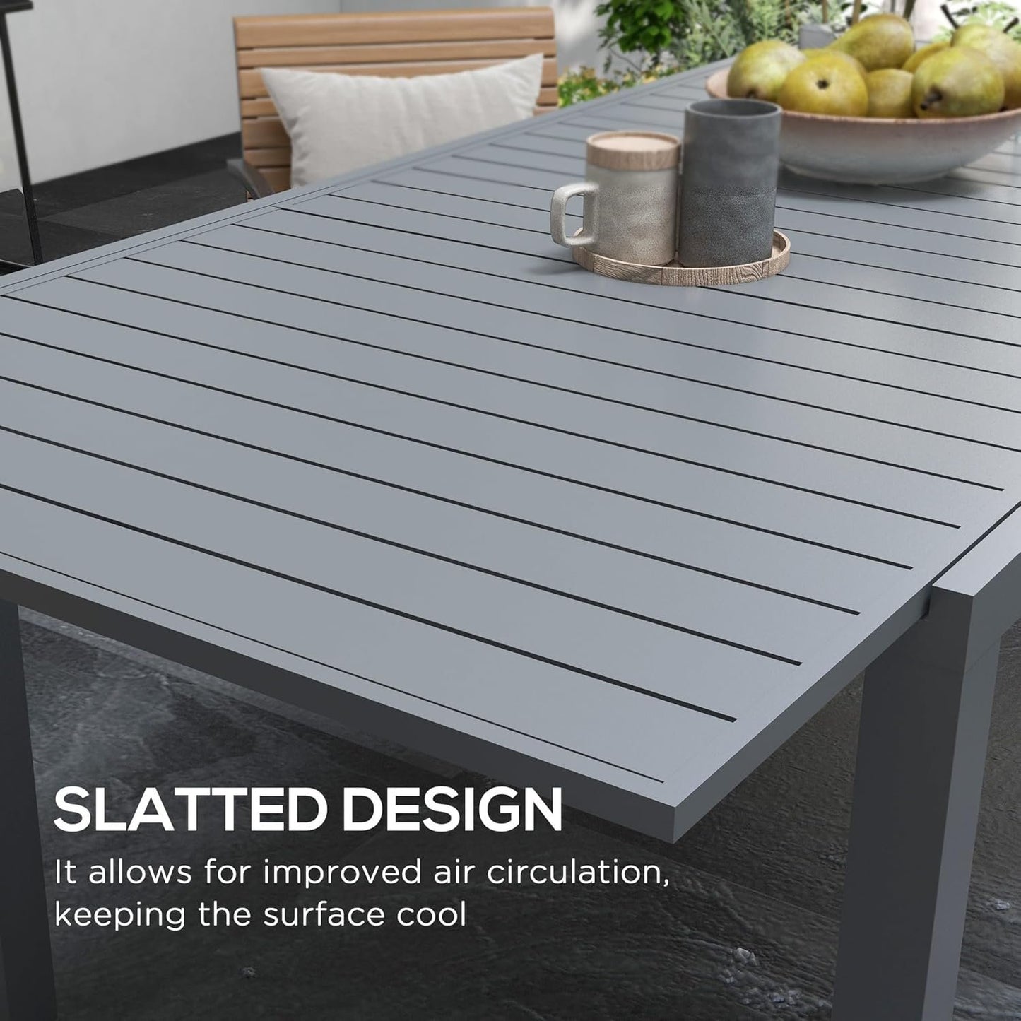 Outsunny Expandable Outdoor Dining Table for 6-8 People, Patio Dining Table with Aluminum Frame & Slatted Tabletop, Rectangle Patio Table for Garden, Lawn, Balcony, Charcoal Grey