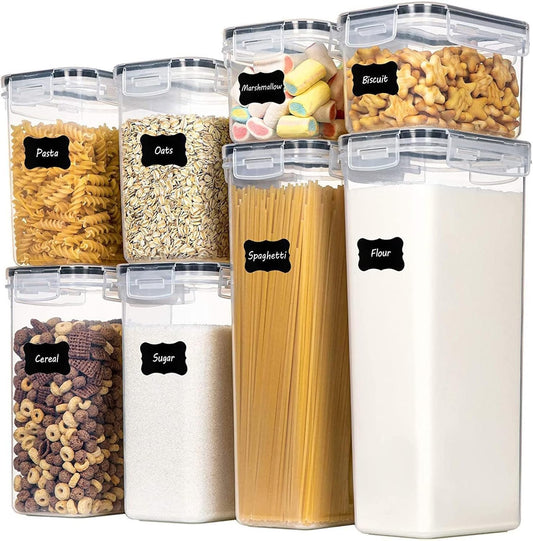 Airtight Food Storage Container Set, Pantry Organization Containers, Plastic Kitchen Storage Canister Sets with Lids, Stackable Food Container Sets for Cereal, Flour, Snack (Set of 8)