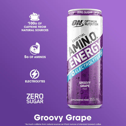 OPTIMUM NUTRITION Amino Energy + Electrolytes Sparkling Hydration Drink, Grape Flavour, 355ml, 12 Pack