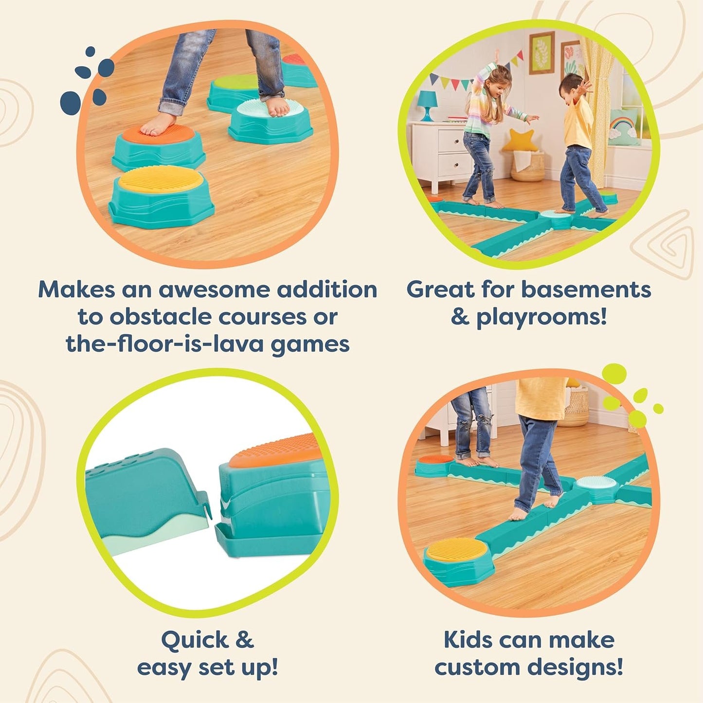 B. toys – Balance Beam for Kids – Interlocking Balancing Beams – 5 Sensory Pads & 8 Beams – Active Play for Toddlers, Kids – 3 Years + – Balance & Build Set