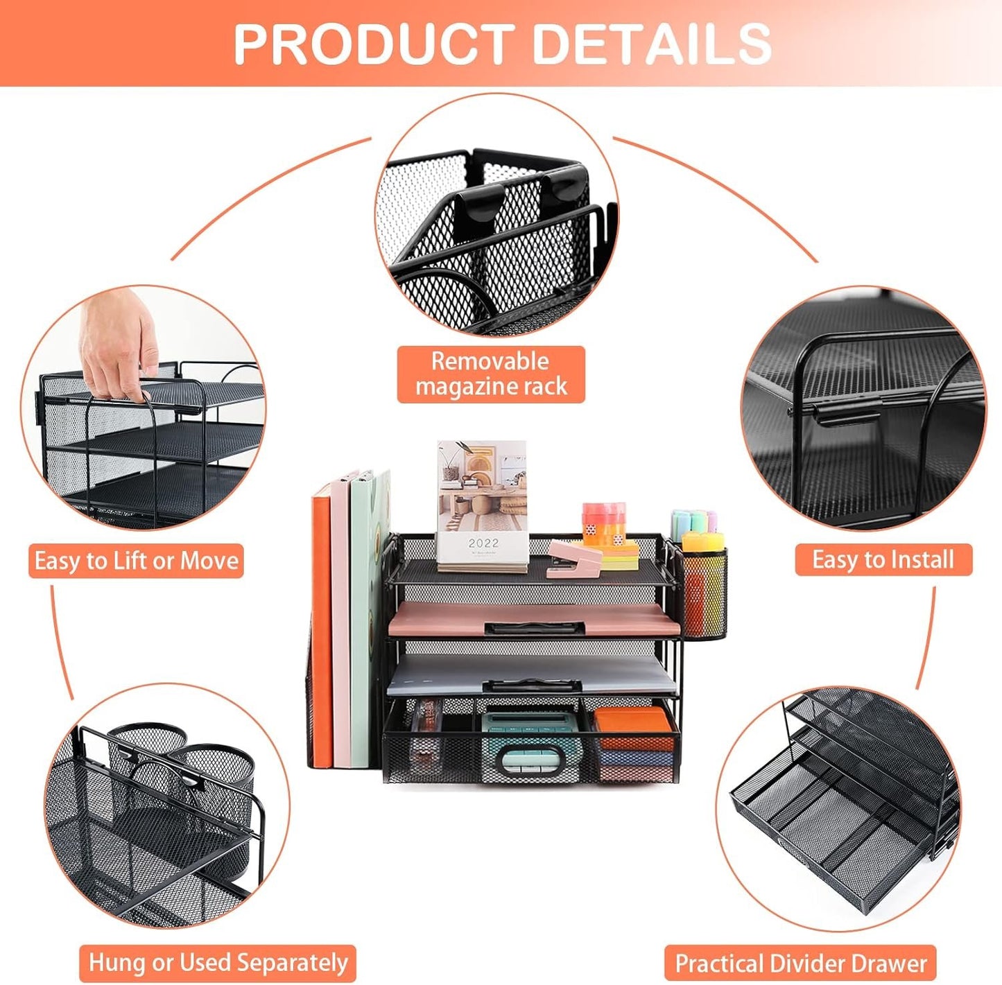 Desk Organizer with File Holder, 4-Tier Letter Paper Tray Organizer with Drawer & 2 Pen Holders, Desk Organizers and Accessories, Mesh Desktop File Organizer and Storage for Office Supplies