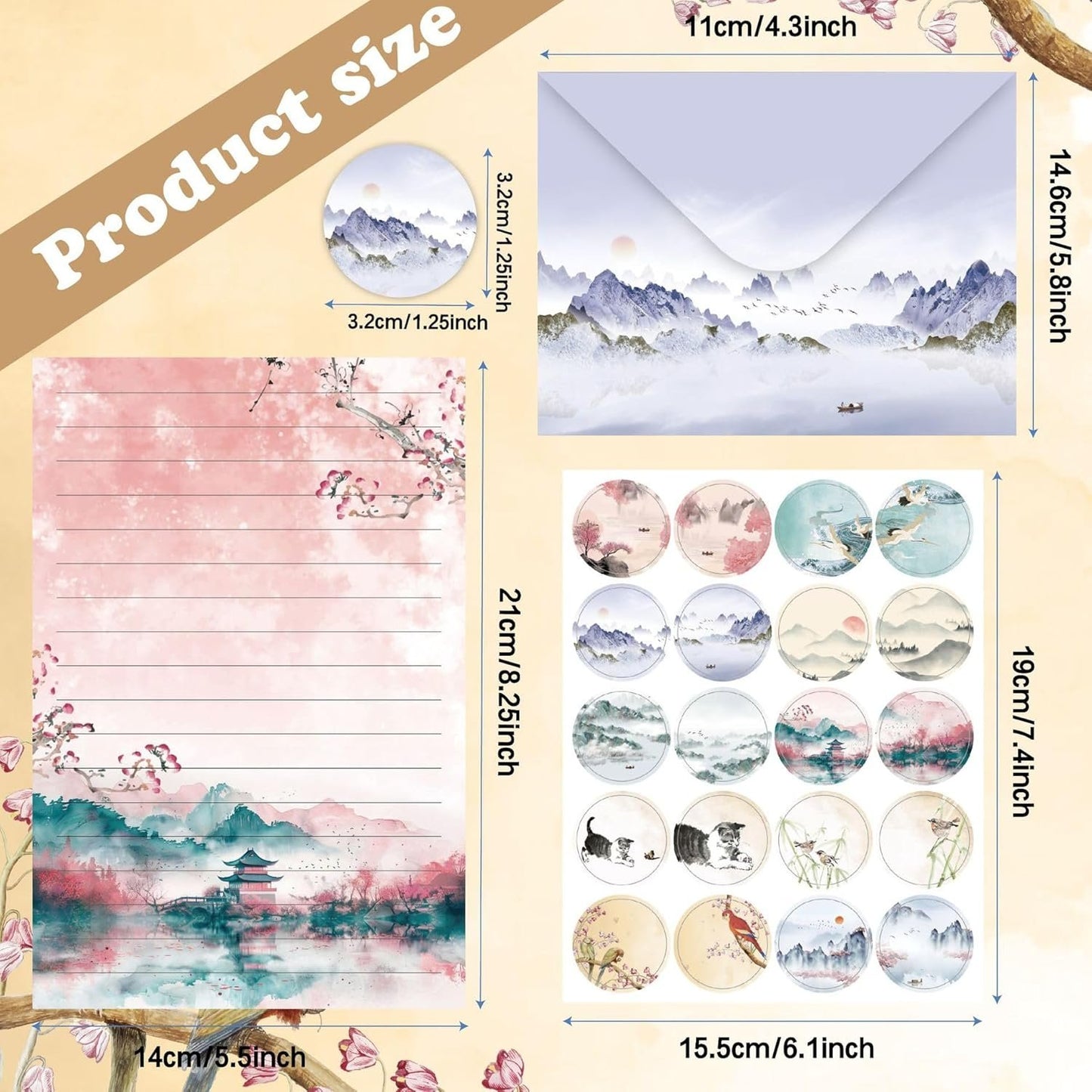 JasCherry 50 Sheets of Stationery with Envelopes, 10 Ddesigns of Stationery with 3 Sticker Sheets, Elegant Stationery Set for Invitation Cards, Congratulations Cards, Set B