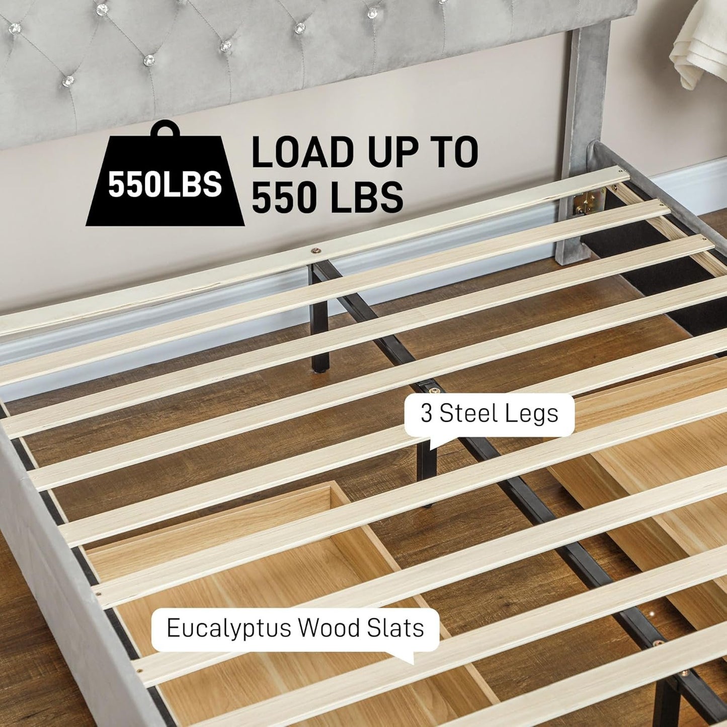 HOMCOM Full Size Platform Bed Frame with 2 Drawers, Upholstered Headboard with Crystal Tufted Design, Wooden Slats Mattress Foundation, No Box Spring Needed, Light Grey