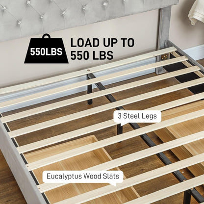 HOMCOM Full Size Platform Bed Frame with 2 Drawers, Upholstered Headboard with Crystal Tufted Design, Wooden Slats Mattress Foundation, No Box Spring Needed, Light Grey
