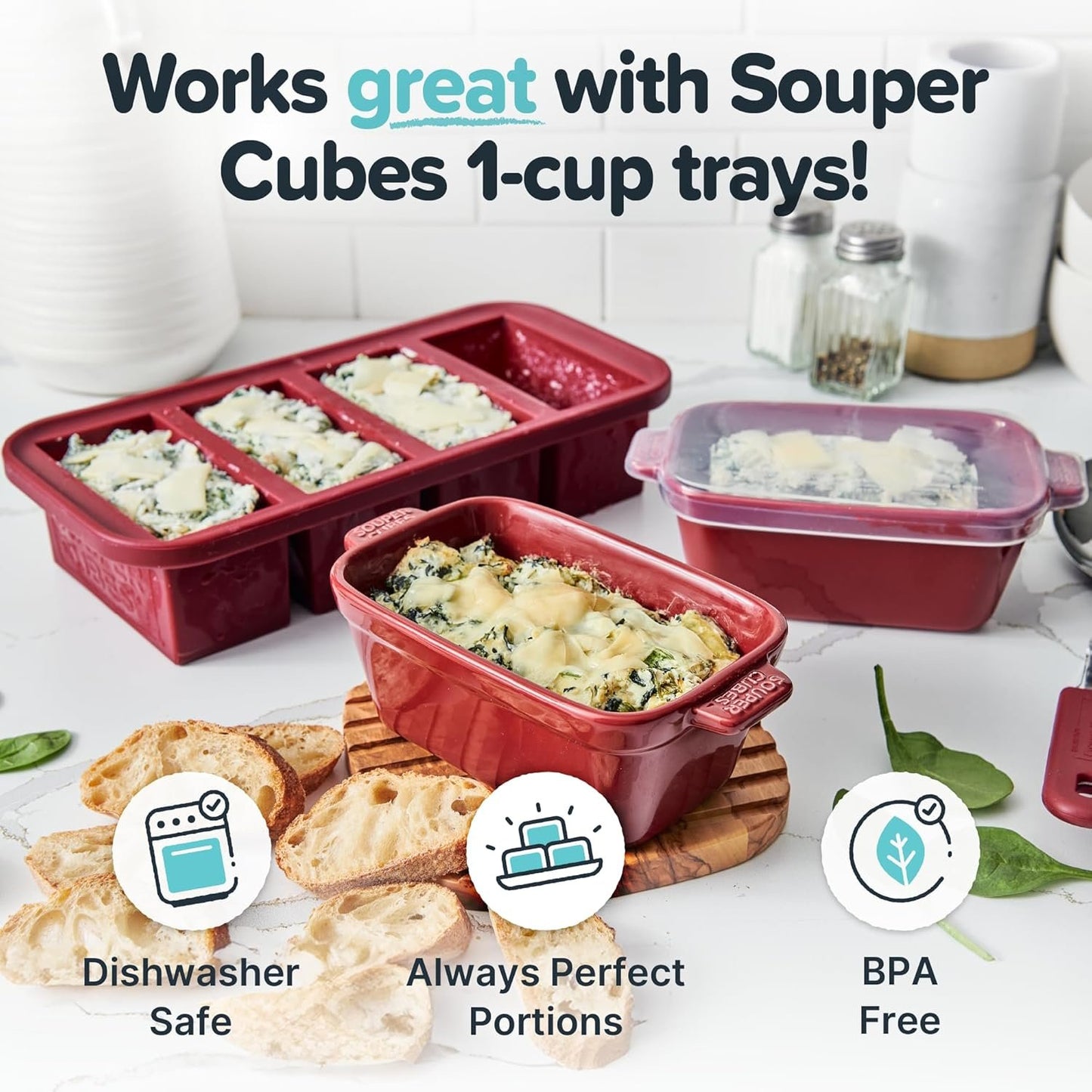 Souper Cubes Stoneware - 5" Square Casserole Dish with Silicone Covers - Ceramic Bakeware Set - Kitchen Utensils and Bakeware - 4 Pack - Cranberry
