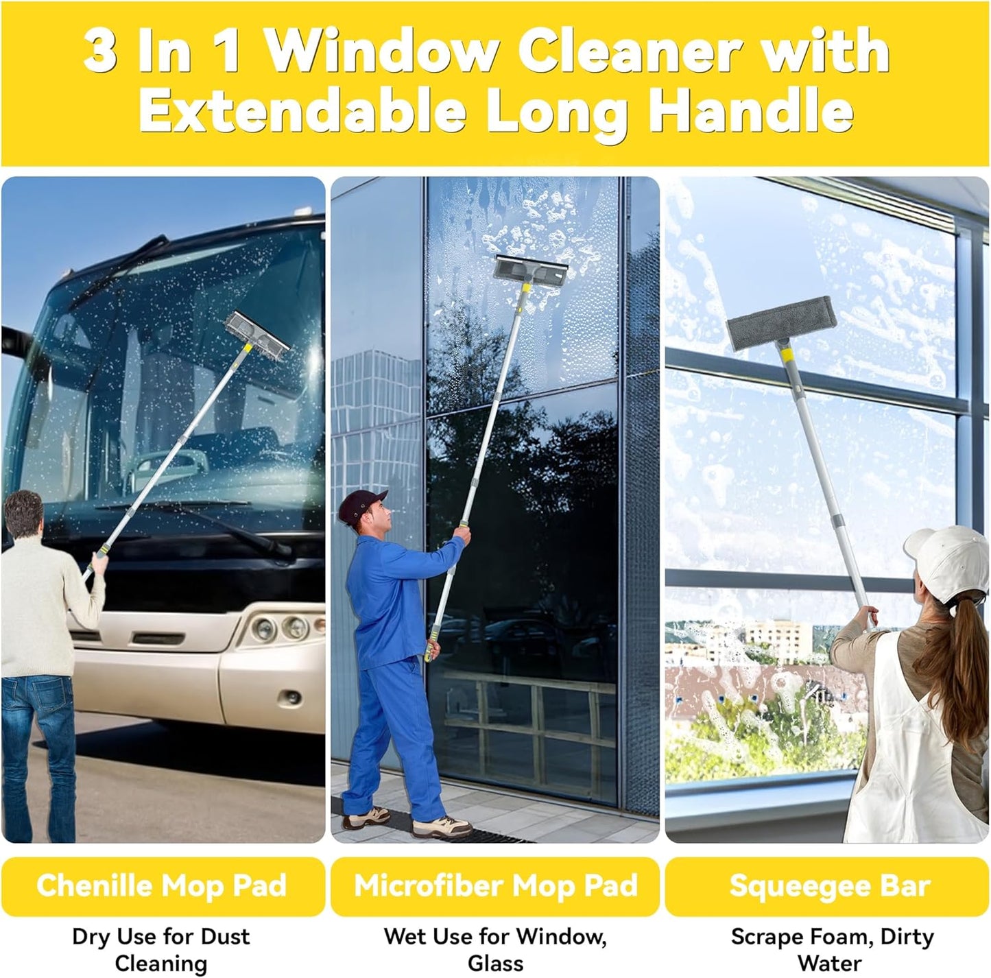 JEHONN Window Cleaning Equipment, 163 cm Long Handle Professional Shower Glass Washing Brush Extendable, 3 in 1 Wall Cleaner Duster for Home Indoor Outdoor Mirror Car Windshield