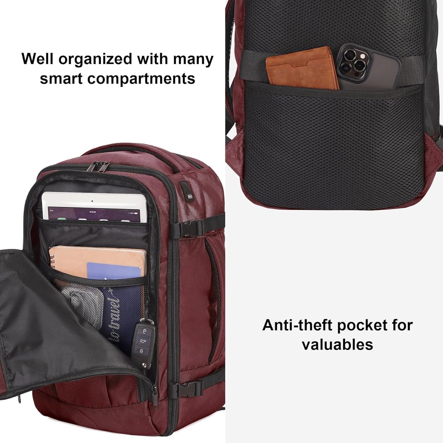 ECOHUB 16'' Travel Backpack Underseat Carry on Backpack Personal Item Travel Bag Airplane with 13 Pockets Carry on Luggage Water Bottle Holder USB Charging Port Casual Daypack for Women Men Red