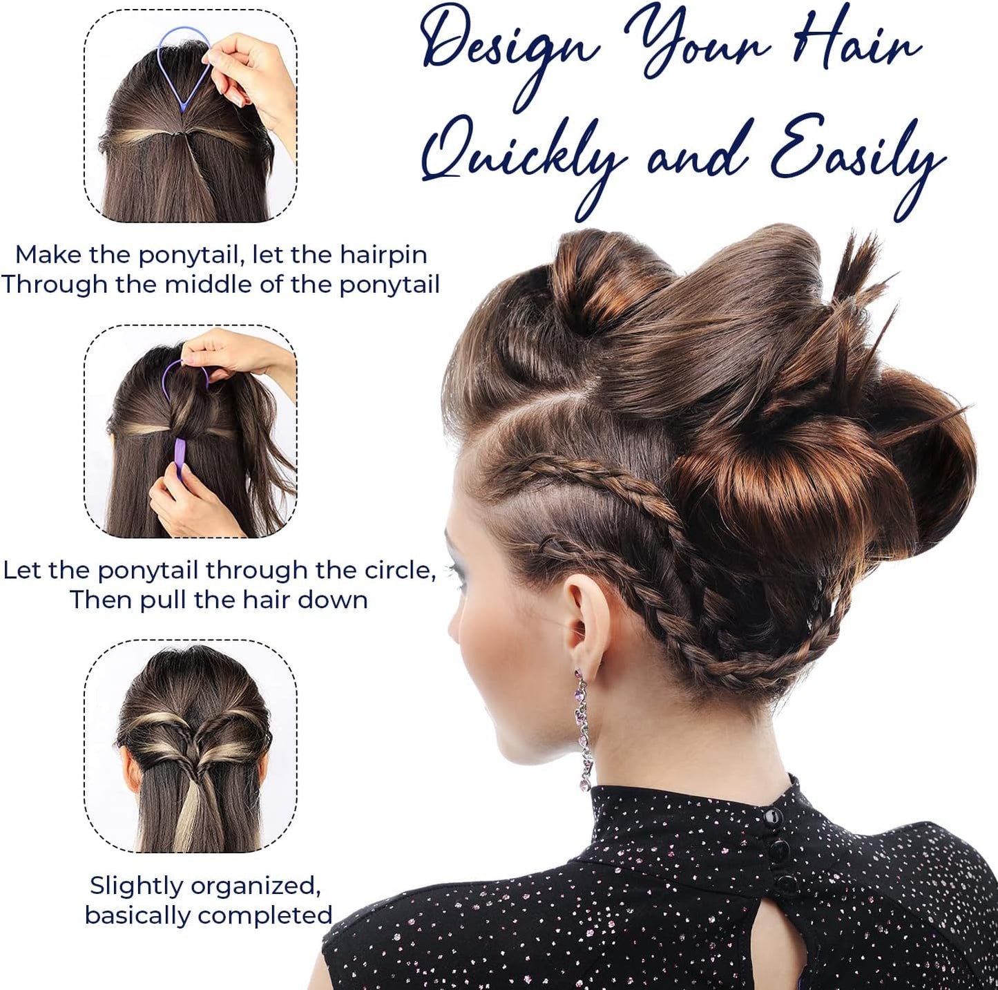 Trimming Shop Topsy Hair Braid Tool Ponytail Ring Styling Maker for Girls Women, DIY Hair Twist Fashion Accessory, 2pcs – Black