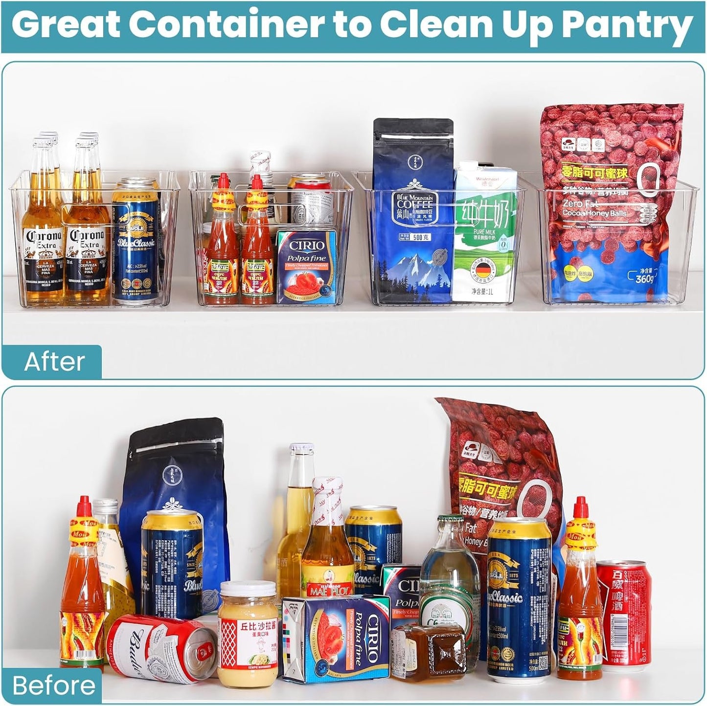 Feshory 4 Pack Extra Large Clear Pantry Storage Containers Organiser(XL) for Closet, Pantry, Under Sink, Bathroom - Plastic Storage Bins with Handle for Cupboard Kitchen & Home Organisation