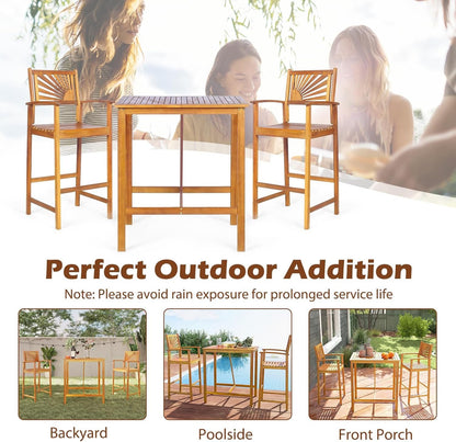 Tangkula 3 Piece Patio Bar Table & Chairs, Outdoor Acacia Wood Bar Set w/Slatted Seat & Tabletop, Wood Dining Bar Set w/Backrest, Armrests & Footrest for Backyard, Poolside, Balcony