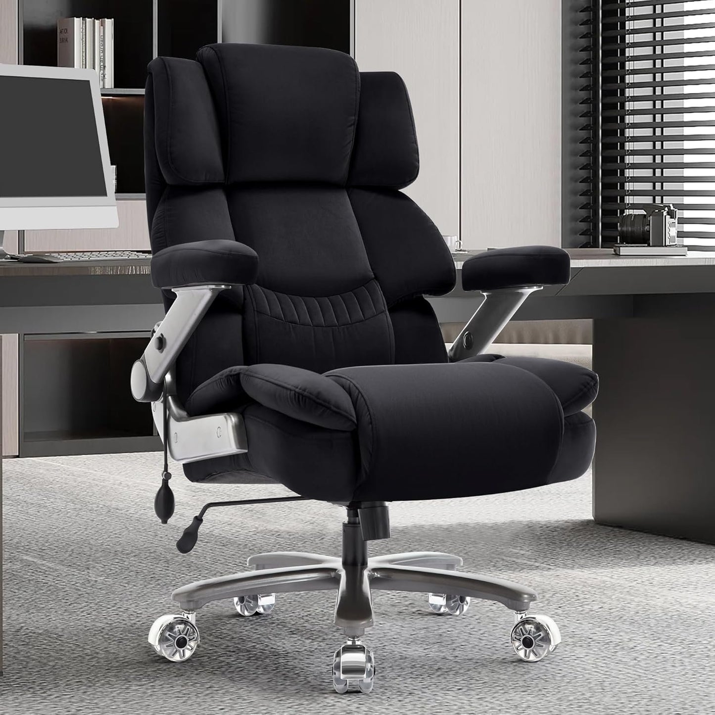 Big and Tall Office Chair 500lbs- Fabric High Back Desk Chair with Adjustable Lumbar Support 3D Flip Arms Plus Size Rubber Wheels- Large Executive Computer Chair, Extra Wide Seat, Ergonomic Design