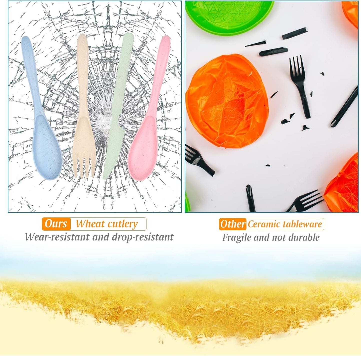 24 Pieces Forks Spoons Knife Set, Wheat Straw Cutlery Set, Reusable Flatware Set for 8, Utensils for Party, Travel, Work, Picnic, Camping or Daily Use