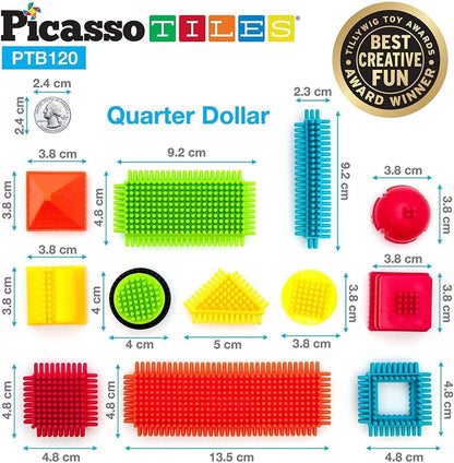 PicassoTiles 120 Piece Hedgehog Interlocking Building Blocks Tiles Construction Toy Set Brush Learning Playset STEAM Toddlers Development Preschool Kindergarten Toys for Kids Boys Girls Age 3+ PTB120