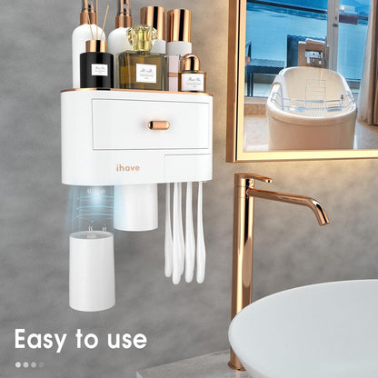 iHave Toothbrush Holders for Bathrooms - 2 Cups Toothbrush Holder Wall Mounted - Makeup Bathroom Tray, Cosmetic Drawer - Bathroom Organizers and Storage, Stylish Bathroom Decor & Bathroom Accessories