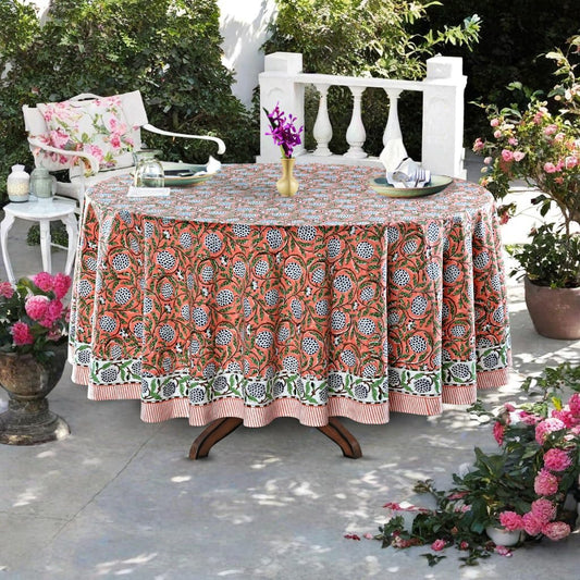 Ridhi 100% Cotton Tablecloth for Kitchen Dining Tabletop Decoration Picnic Events Parties Weddings Block Print Round Tablecloths (Dark Salmon Pink, 4 Seater 60 INCH Round)