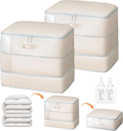 DIMJ Compression Storage Bags for Blankets - 2 Pack 110L to 66L Washable Vacuum Clothes Organizer with Clear Window Ultra Space Saver for Comforters, Closet, Bedding, Moving Containers - Beige