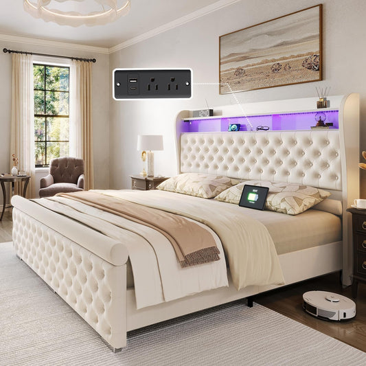 ROCHECASA Queen Bed Frame with Bookcase Storage and Charging Station, 50.6" Tall Velvet Upholstered Sleigh Bed with LED Light, No Box Spring Needed, Easy Assemble, Cream