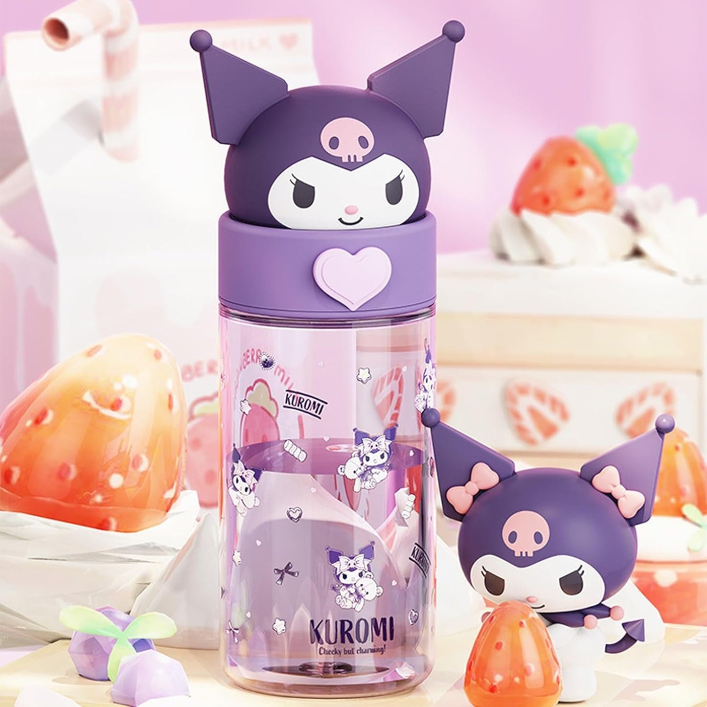 Roffatide Cartoon Kuromi Plastic Cup Bottle Portable Tumblers Travel Mugs Plastic Shaker Bottle Direct Drinking Cup Water Track Bottle Portable Leakproof Water