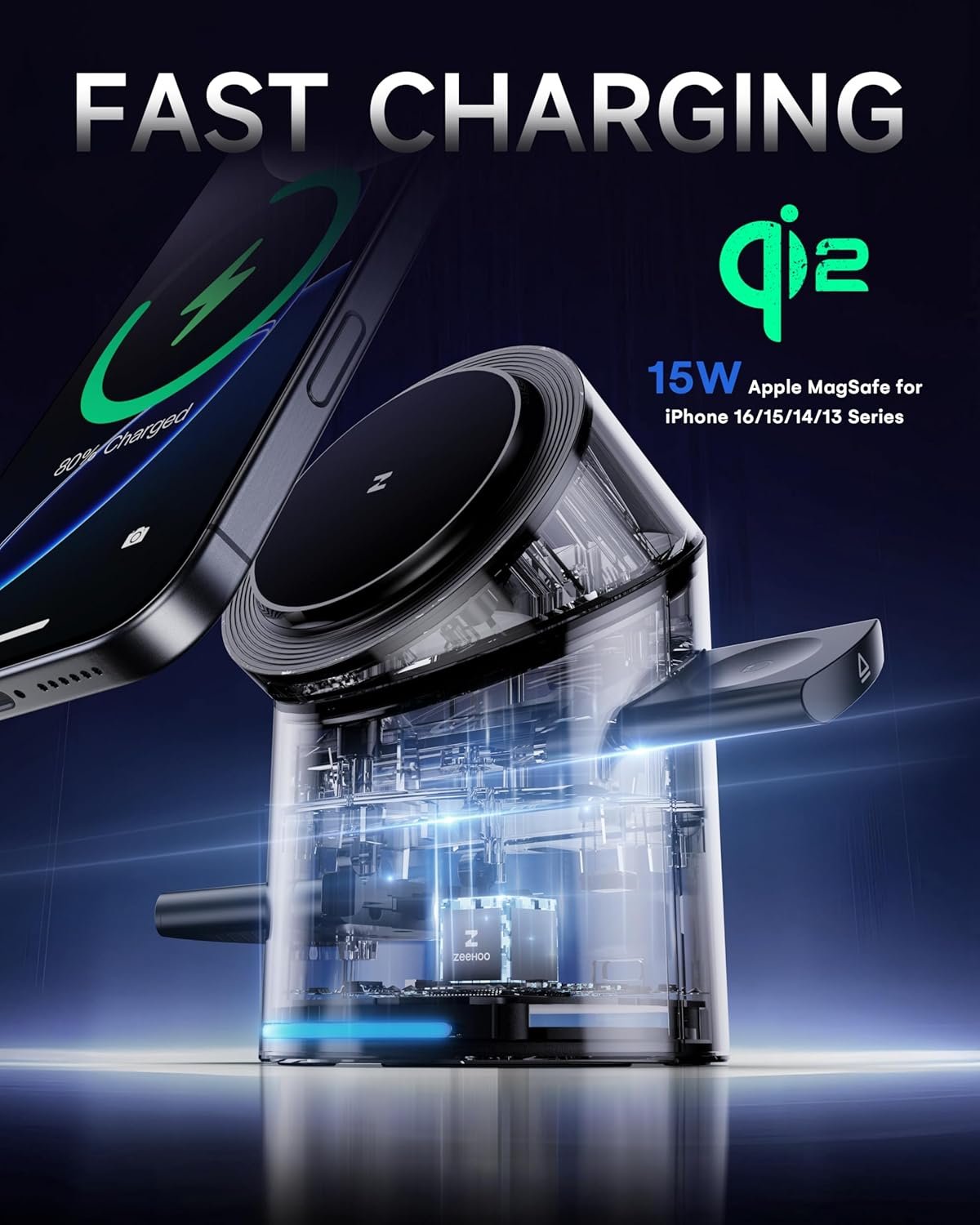 ZEEHOO 3 in 1 Wireless Charging Station Compatible with Magsafe Charger Stand, Qi2 15W Fast Charger Auto-Rotating Multiple for iPhone 16/15/14/13/12, AirPods, iWatch/Ultra