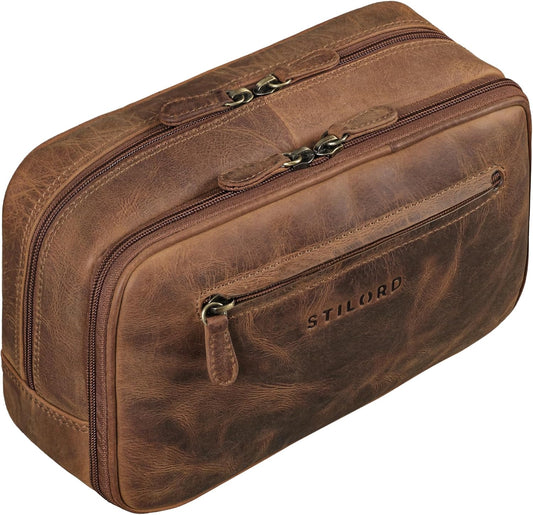 STILORD 'Voyager' Vintage Beauty Case for Women and Men Large Leather Make up Case Real Leather Clutch Bag for Travel and Makeup Bag, Medium Brown, Beauty Case