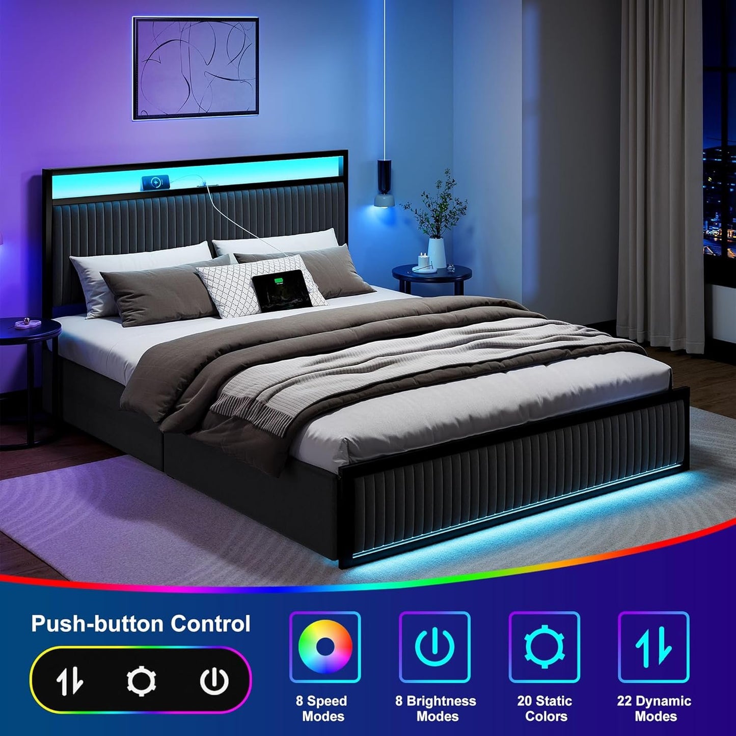ROLETALENT Full Bed Frame with 4 Storage Drawers and Headboard Upholstered Bed Frame Full Size with Charging Station & LED Velvet Platform Bed Frame Metal Support No Box Spring Needed Dark Grey