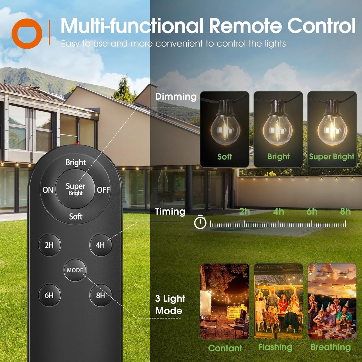 addlon 25FT Solar Lights Outdoor with Remote, 13 Shatterproof G40 Bulbs, Solar Powered & USB Charging Solar Outdoor Lights, Dimmable Waterproof Solar String Lights for Outside, Camping, Backyard