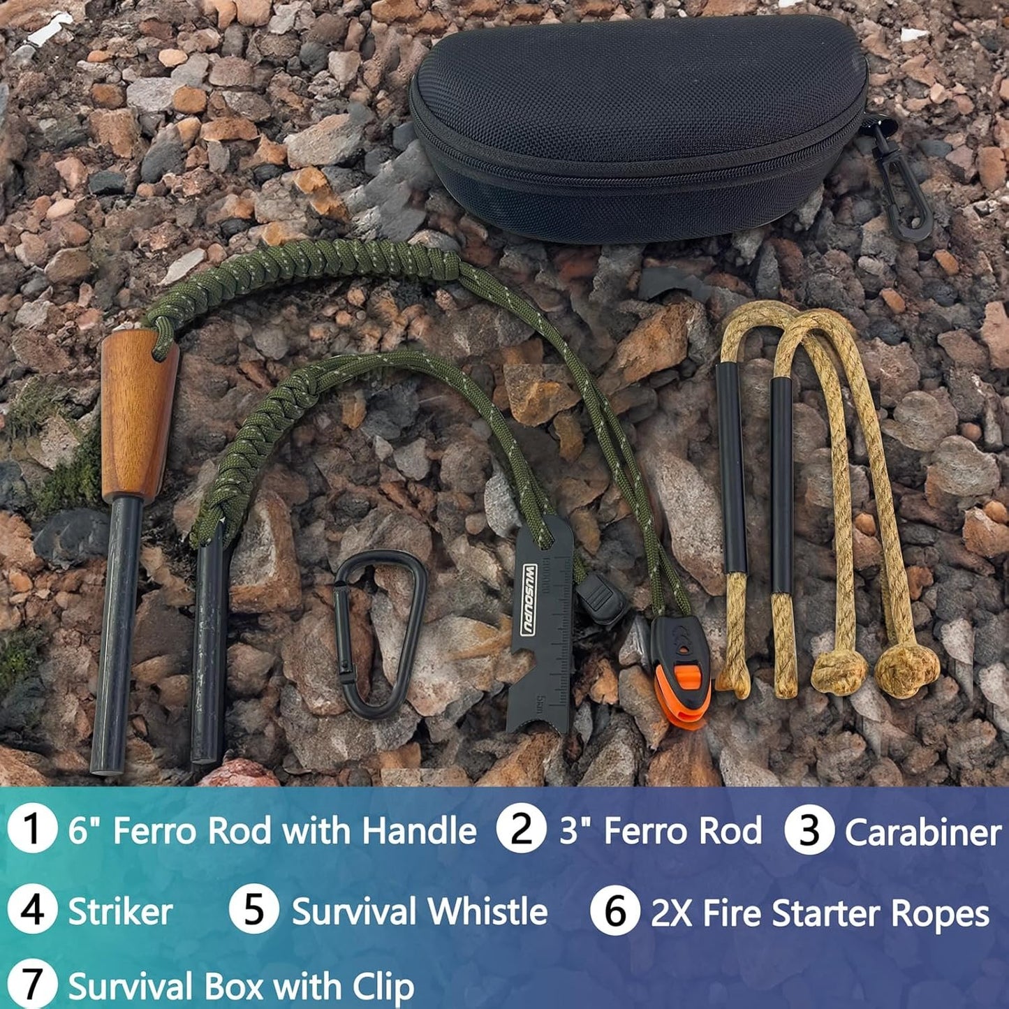 Flint and Steel Lightweight Ferro Rod Fire Starter Survival Tool Lanyard Handle Flint Fire Starter Kit with Multi-Tool Ferro Rod Striker, Survival Whistle, Fire Starter Rope, and Carabiner for Camping