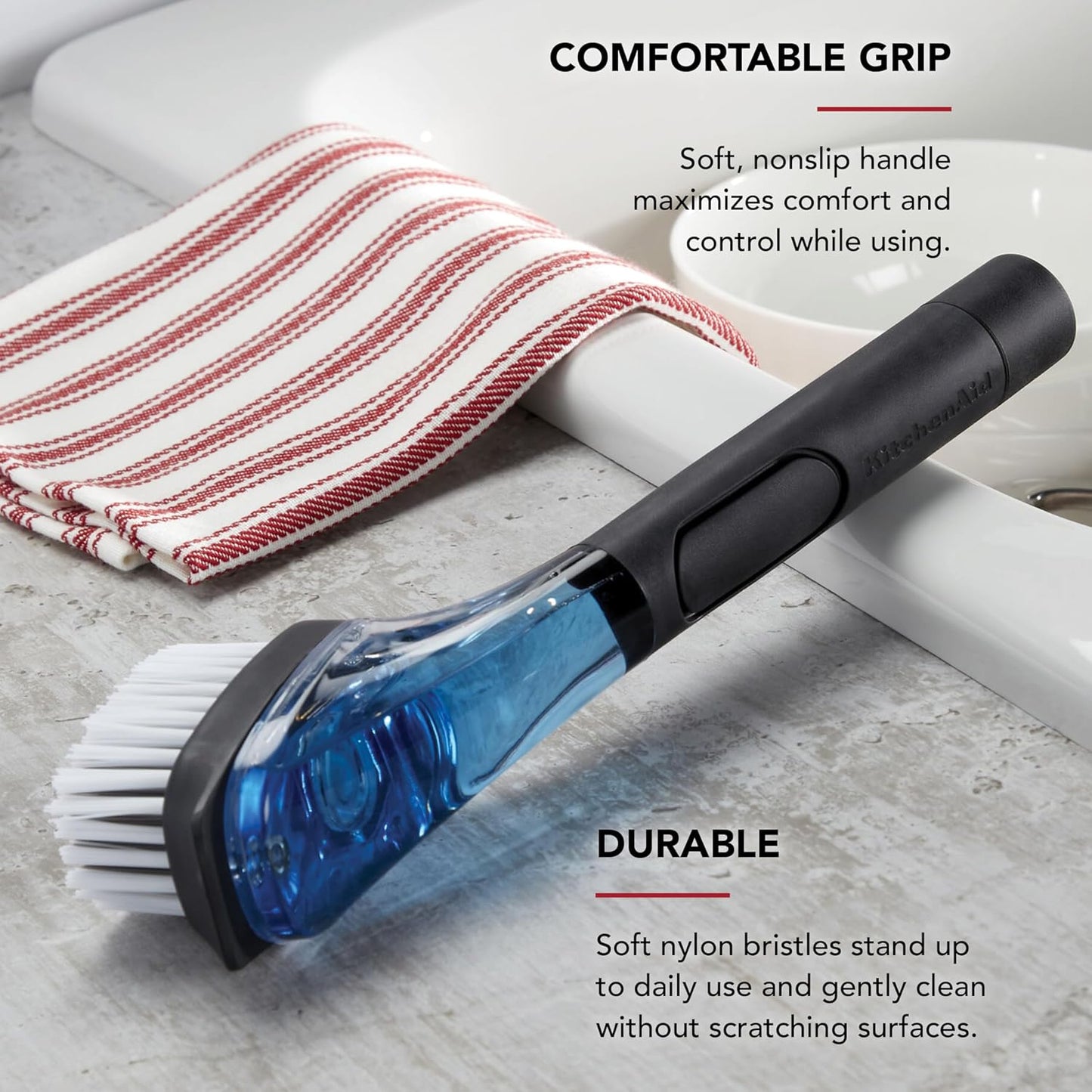 KitchenAid Soap Dispensing Sink Brush with Easy to Fill Handle, Nylon Bristles for Tough Cleaning, Comfort Grip Handle for Non Slip Grip, Black