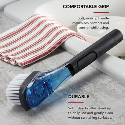 KitchenAid Soap Dispensing Sink Brush with Easy to Fill Handle, Nylon Bristles for Tough Cleaning, Comfort Grip Handle for Non Slip Grip, Black