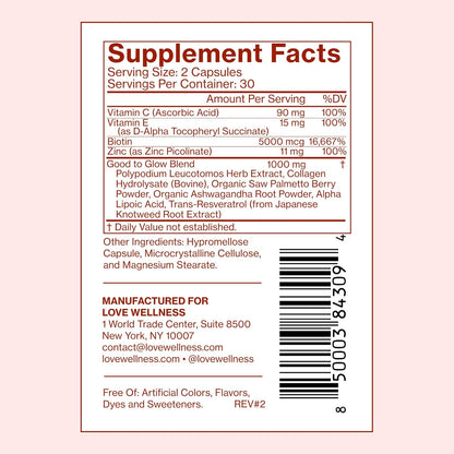 Love Wellness Good to Glow | Collagen Supplement with Biotin, Vitamin C, E, Ashwagandha & Zinc | Promotes Smooth, Glowing & Clear Skin | Enhances Smoothness & Promotes Healthy Skin | 60 Count