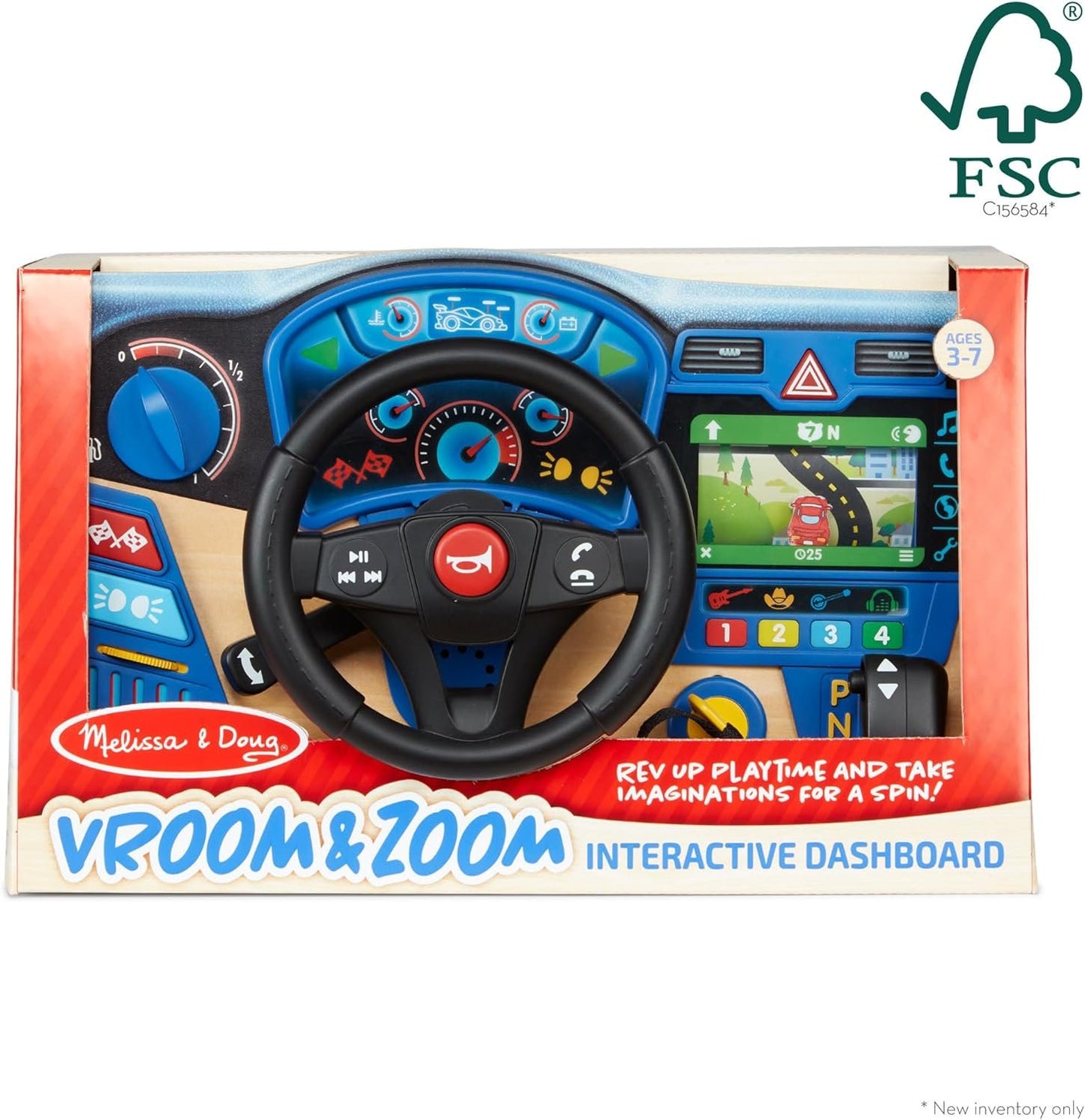 Melissa & Doug Vroom & Zoom Interactive Wooden Dashboard Steering Wheel Pretend Play Driving Toy | Kids Activity Board, Toddler Sensory Toys For Ages 3+ Blue