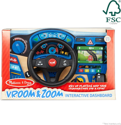 Melissa & Doug Vroom & Zoom Interactive Wooden Dashboard Steering Wheel Pretend Play Driving Toy | Kids Activity Board, Toddler Sensory Toys For Ages 3+ Blue