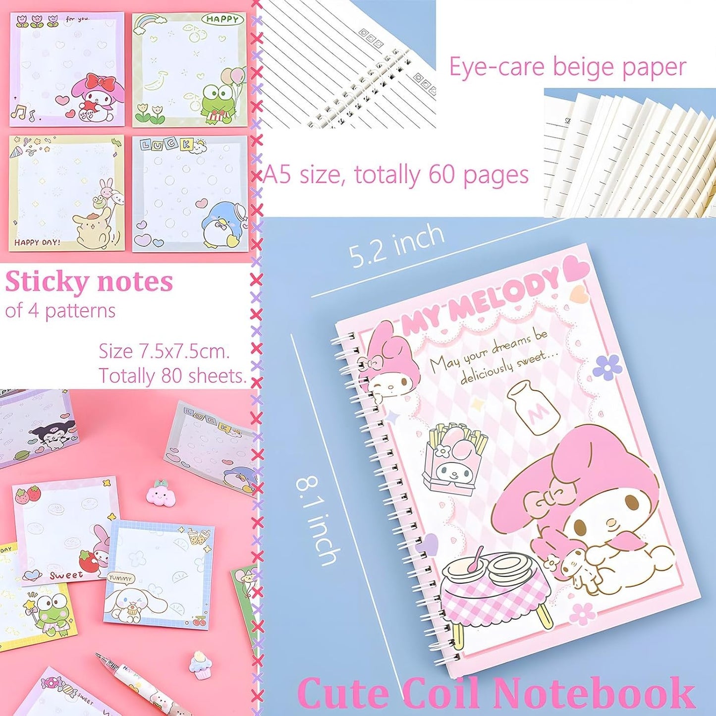 Melody School Supplies Set, Kawaii Cute Stationery Gift Set Including Gel Pens, Notebook,Pen Case,Stickers,Pins Badge,Lanyard,Sticky Note,Bookmark, Perfect Easter Birthday School Season Gifts for Kids