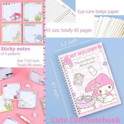 Melody School Supplies Set, Kawaii Cute Stationery Gift Set Including Gel Pens, Notebook,Pen Case,Stickers,Pins Badge,Lanyard,Sticky Note,Bookmark, Perfect Easter Birthday School Season Gifts for Kids