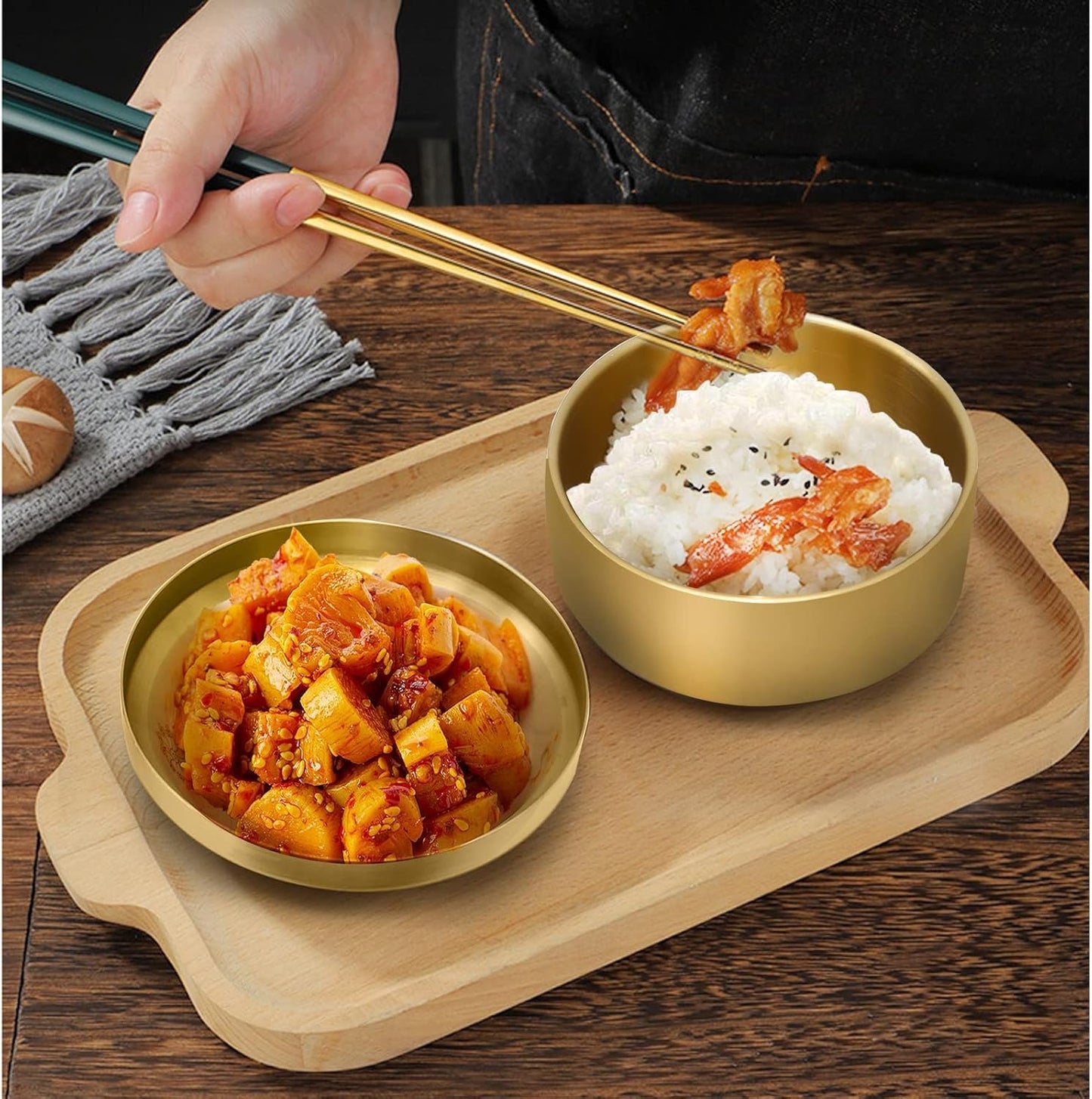 Aynaxcol Stainless Steel Rice Bowl with Lid, Set of 2, for Korean Kitchen Restaurant, Double-walled Metal Bowls, Multi-Purpose Insulated Soup Bowls Snacks Bowls (11.5cm Gold)