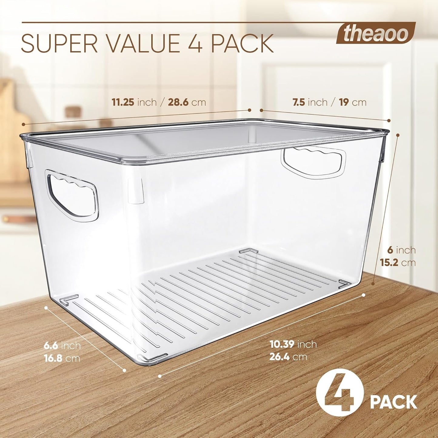 theaoo Clear Storage Bins with Lids Stackable - Large Plastic Containers for Pantry Organization and Storage - Perfect for kitchen,Fridge,Laundry Room,Bathroom,Garage,Closet,Cabinet Organizer - 4 Pack