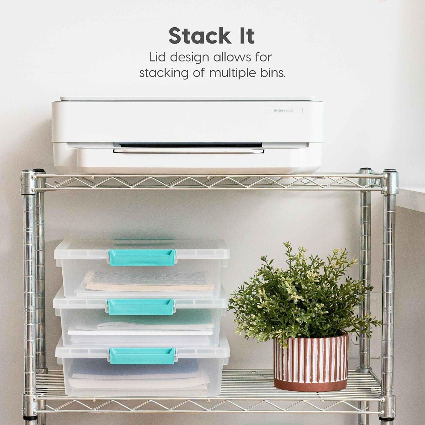 IRIS USA 5.7 L (6 US Qt) Large Clip Box, 4 Pack, Clear Plastic Storage Container Bins with Latching Lids, Organizing Container for Home, Office and School Supplies, Stackable, Seafoam Blue Buckles