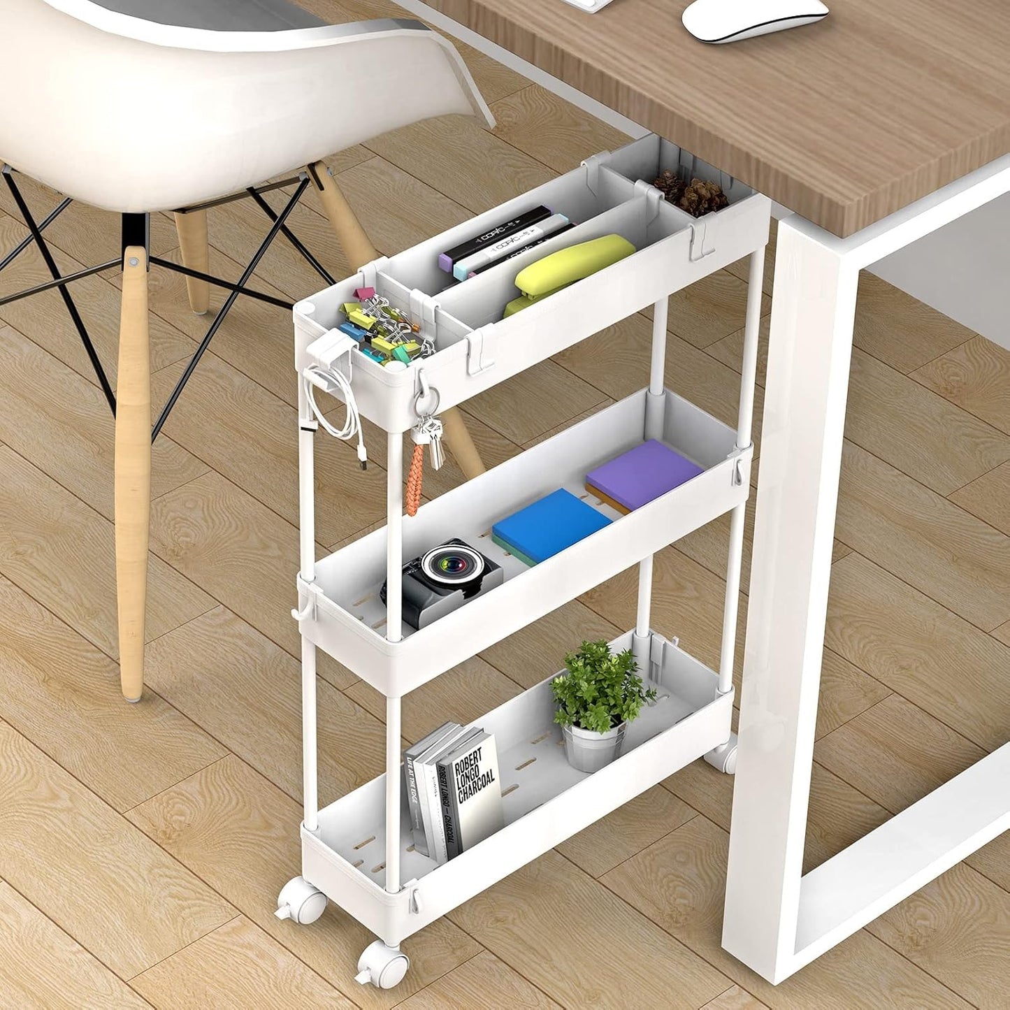 SPACELEAD Slim Storage Cart 3 Tier,Bathroom Organizer Rolling Utility, Mobile Shelving Unit Slide Out for Office, Kitchen, Laundry Room & Narrow Places,White