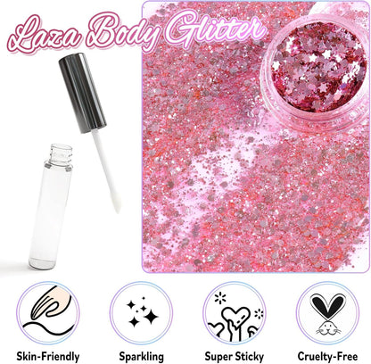 Laza Body Glitter, 2 Jars Holographic Chunky Sequins with Glitter Glue for Women Girls Eyeshadow Makeup Face Paint Festival Rave Outfits Hair Concert Accessories Carnival Party Costumes - Pink