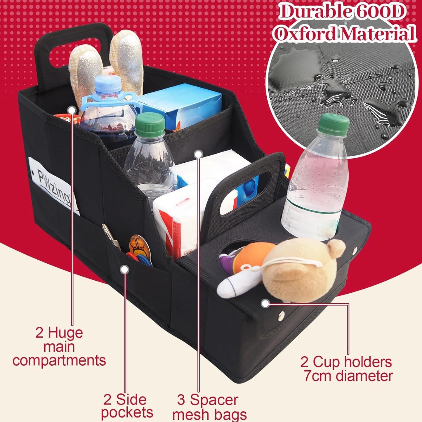 Car Seat Organizer Backseat Car Storage Box, Foldable Vehicles Organizer with 11 Storages Compartments & 2 Cup Holders, Travel Car Storage Basket for Truck Trunk Van