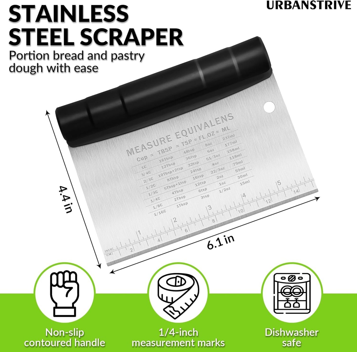 Urbanstrive Bench Scraper for Baking, Stainless Steel Dough Cutter and Scraper Tool Kitchen, Kitchen Scraper Food Scraper Tool Pizza Cutter Food Chopper, Multi-Purpose Kitchen Gadgets, Black