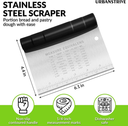 Urbanstrive Bench Scraper for Baking, Stainless Steel Dough Cutter and Scraper Tool Kitchen, Kitchen Scraper Food Scraper Tool Pizza Cutter Food Chopper, Multi-Purpose Kitchen Gadgets, Black