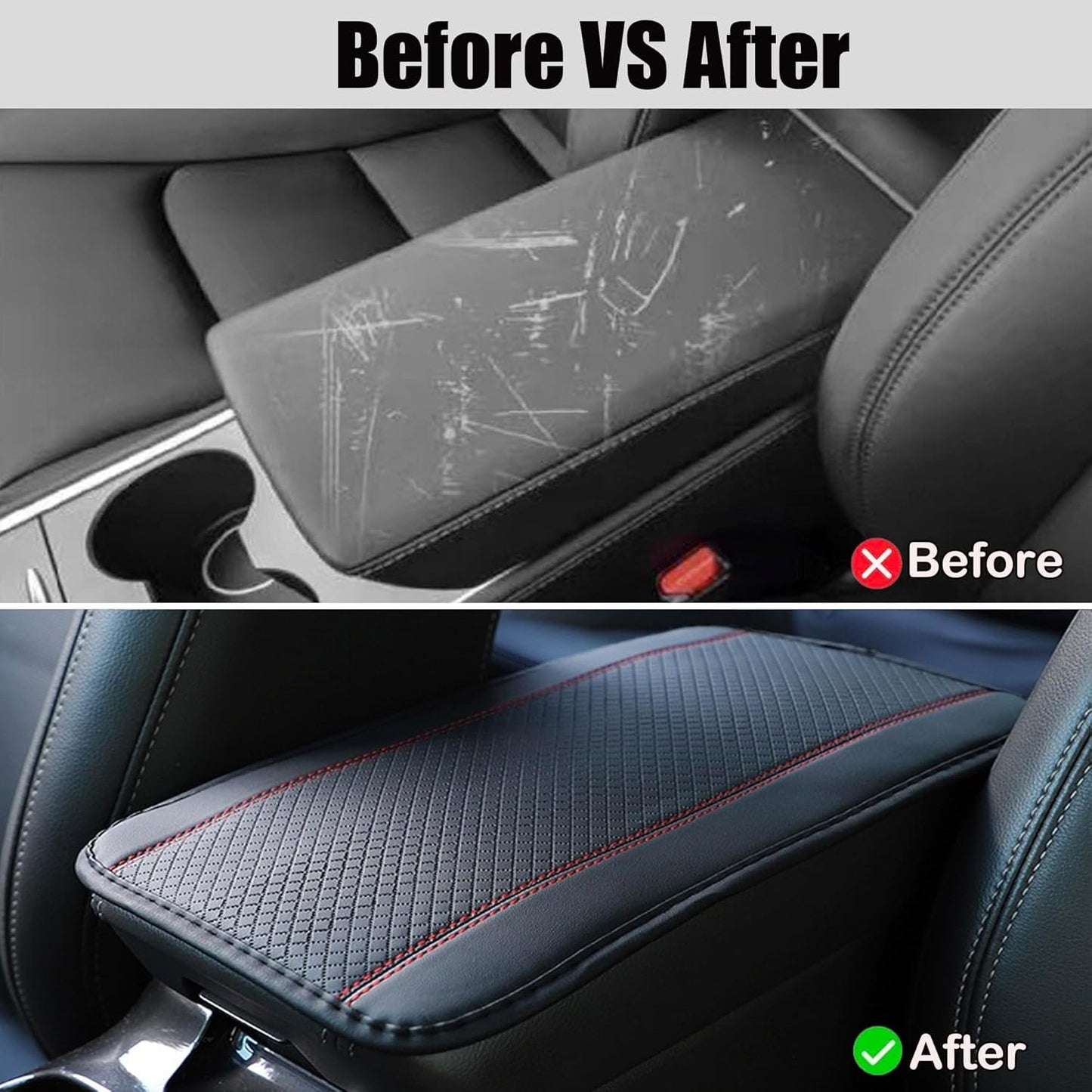 Jushope Car Center Console Cover, PU Leather Car Armrest Box Pad, Universal Waterproof Auto Armrest Seat Box Protector, Interior Car Accessories for Most Car, Truck, SUV (Black-Red)