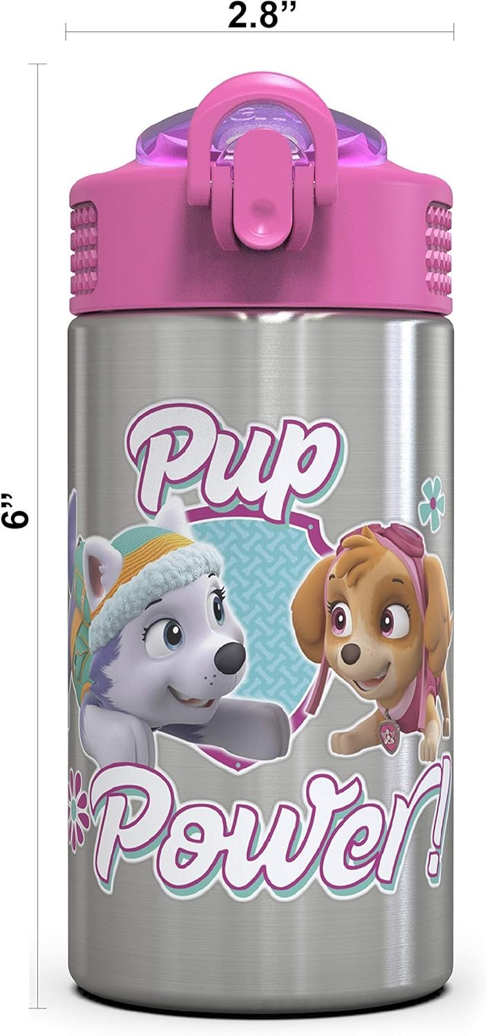Zak Designs Paw Patrol Skye - Stainless Steel Water Bottle with One Hand Operation Action Lid and Built-in Carrying Loop, Kids Water Bottle with Straw Spout is Perfect for Kids (15.5 oz, BPA-Free)