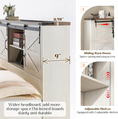 Jocisland Farmhouse Bed Frame with Sliding Barn Door Storage Headboard, Queen Size Bookcase Bed with Charging Station & Adjustable Shelf, No Box Spring Needed, Antique White