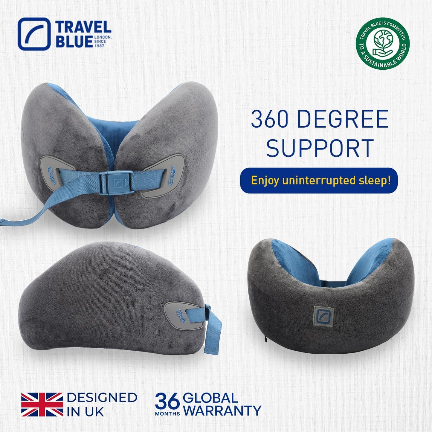 Travel Blue Infinity Neck Support Pillow - Premium Memory Foam Travel Pillow with 360 Degree Neck Support for Comfort and Pain Relief - Ideal for Airplane, Car and Train Travel (Blue)